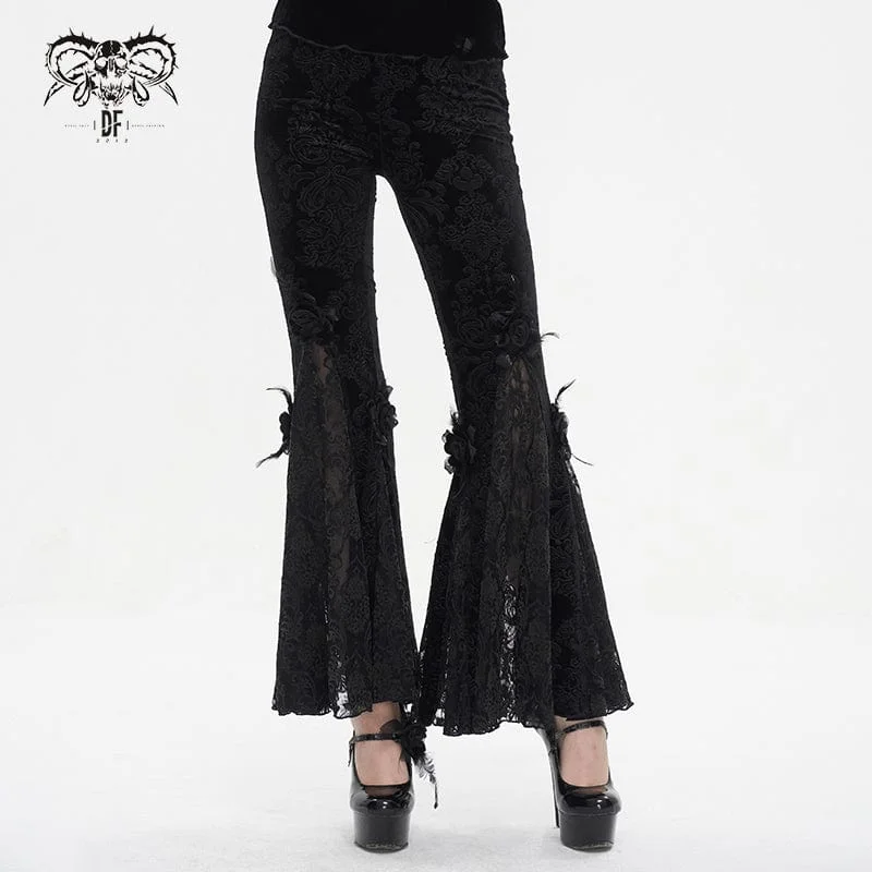 Women's Gothic Floral Embossed Lace Splice Flared Leggings