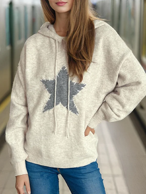 Drawstring Star Long Sleeve Hooded Sweater