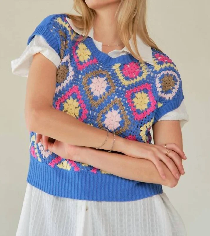 Multi Color Crochet Top In Blue