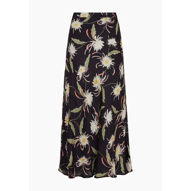 Clara Bias Cut Moonflower Print Midi Skirt In Navy