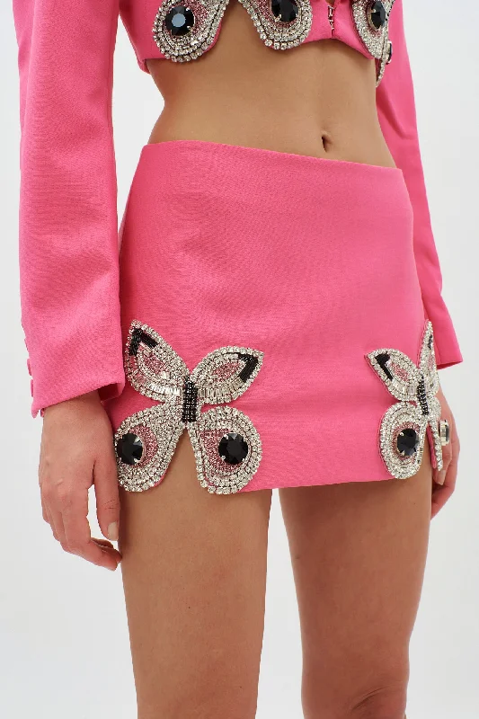 Embroidered Butterfly Carmine Rose Mini Skirt