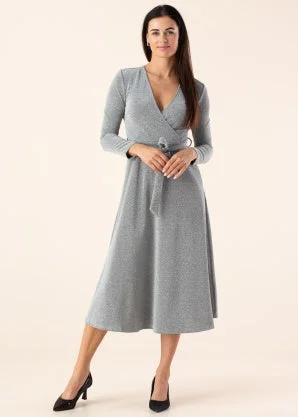 EVA L/S WRAP DETAIL MIDI DRESS (SILVER)