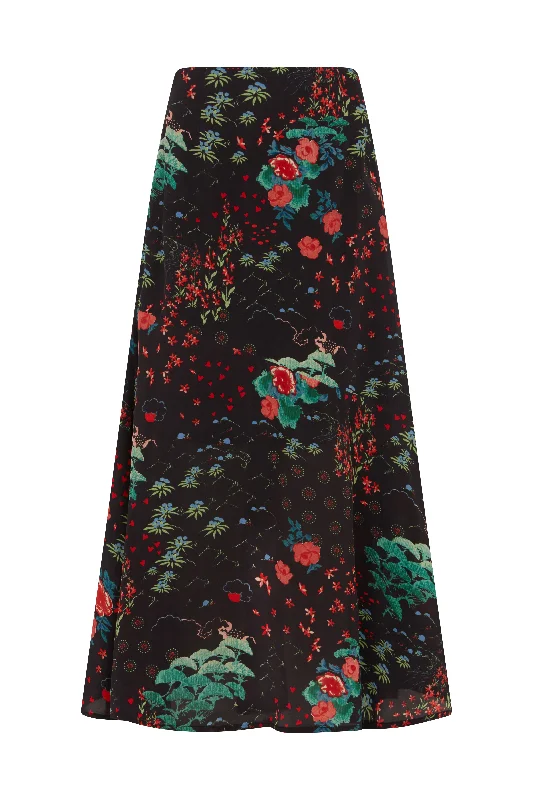 Ivy Bias Cut Wonderland Print Midi Skirt In Black