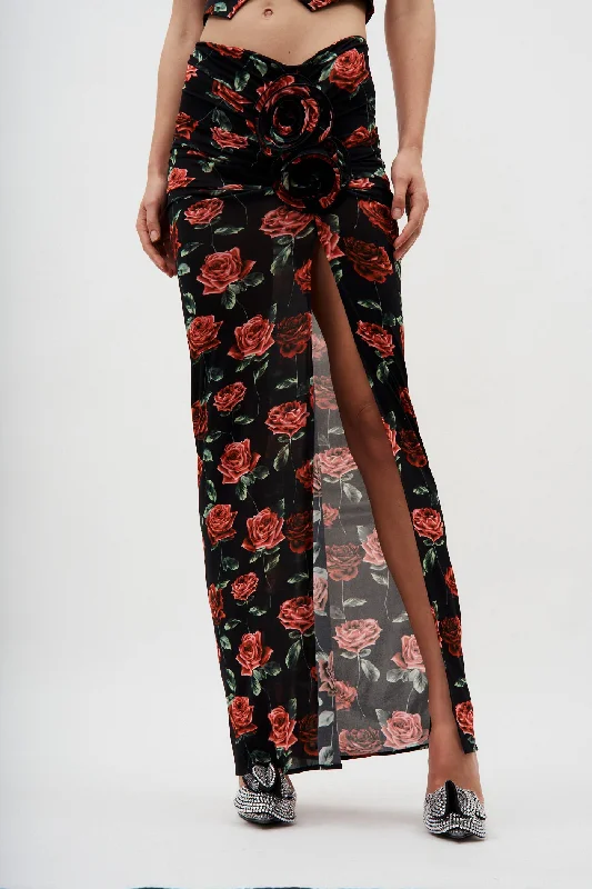 Jersey Slit Black Rose Print Skirt