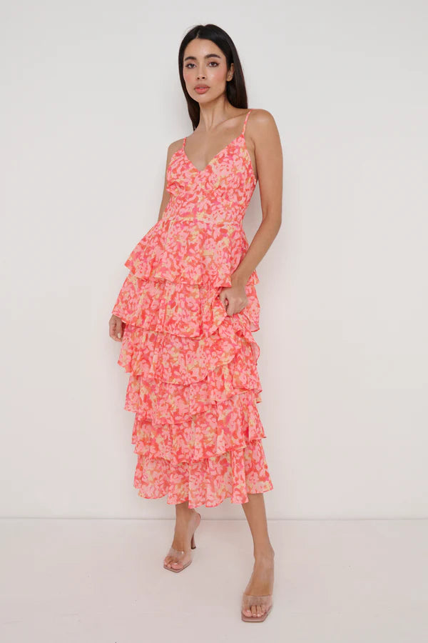 LISSY RUFFLE MIDAXI DRESS (ORANGE/PINK)