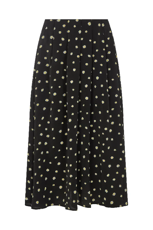 Mila Side Slit Daisy Print Midi Skirt In Black