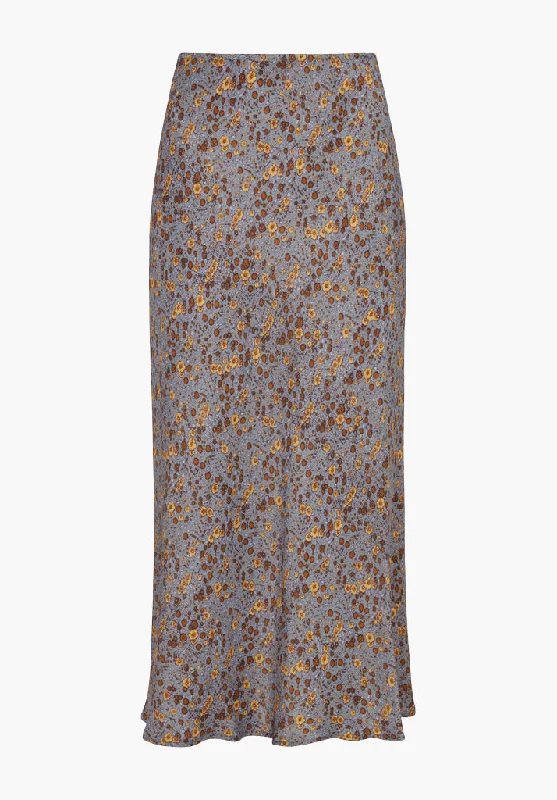 Poppy Bias Cut Aster Print Midi Skirt In Grey