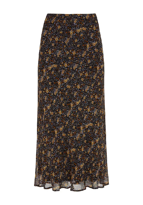 Poppy Bias Cut Aster Print Midi Skirt In Brown