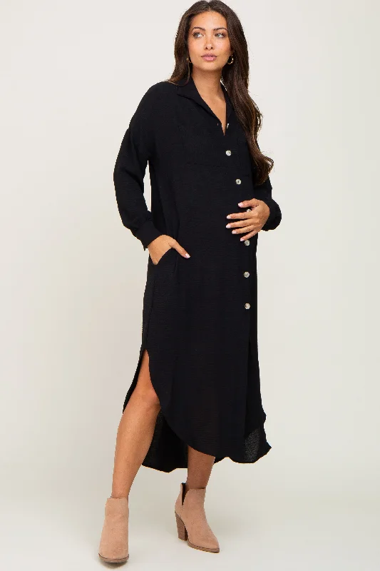 Black Button Down Front Pocket Maternity Midi Dress