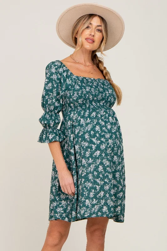 Forest Green Floral Ruffle Sleeve Smocked Maternity Dress