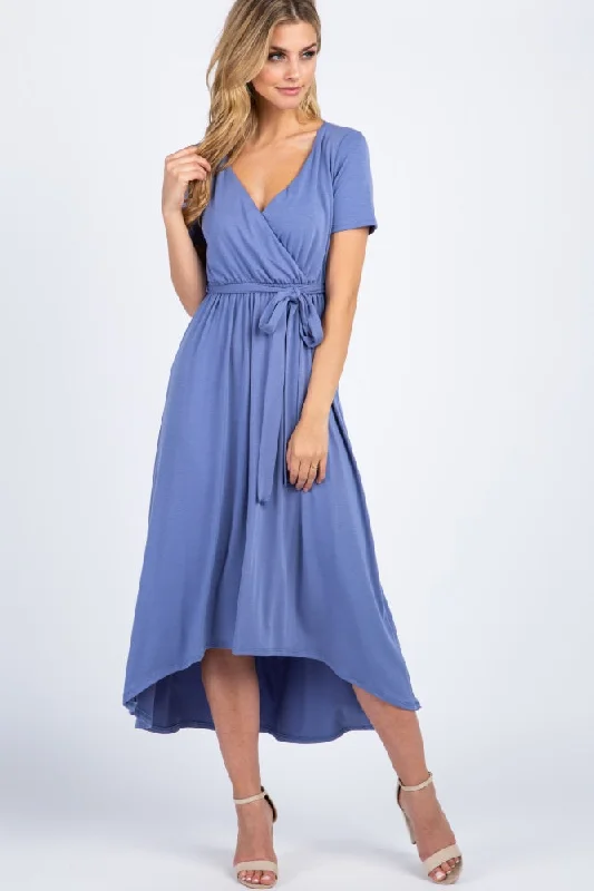 Slate Blue Solid Hi-Low Wrap Dress