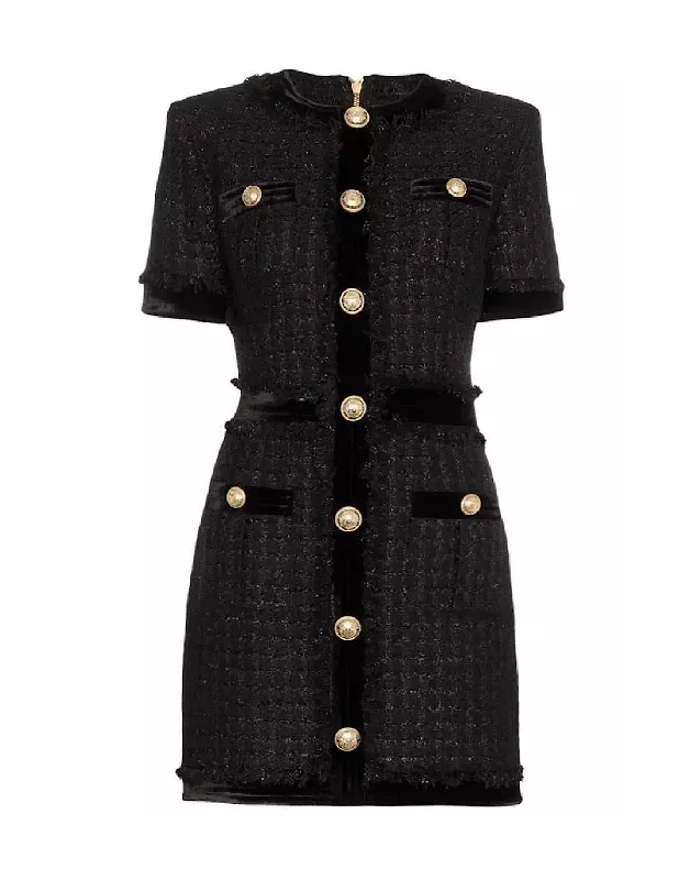 Black Tweed Knit Gold Button Dress