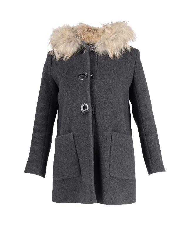 Sandro Fur Trimmed Hooded Coat in Grey Wool