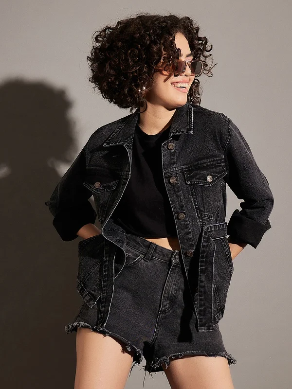 Women Black Washed Denim Belted Jacket