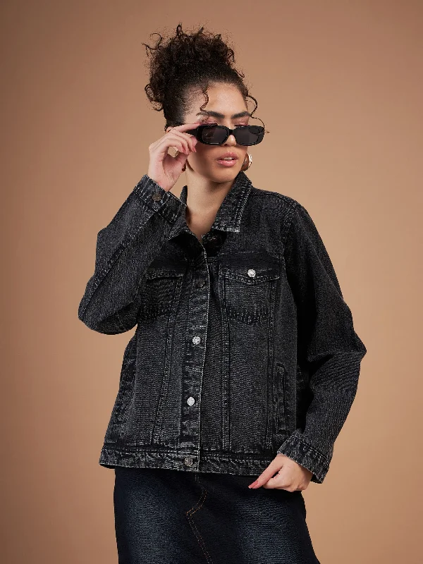 Women Black Washed Denim Regular Jacket