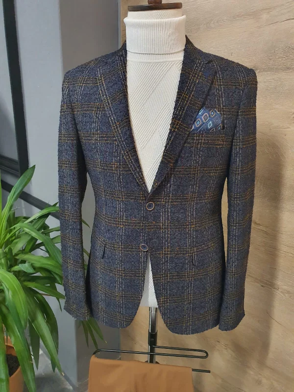 Eros Blue Slim Fit Plaid Wool Blazer