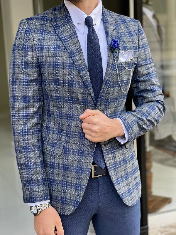 Lazio Blue Slim Fit Peak Lapel Plaid Linen Blazer