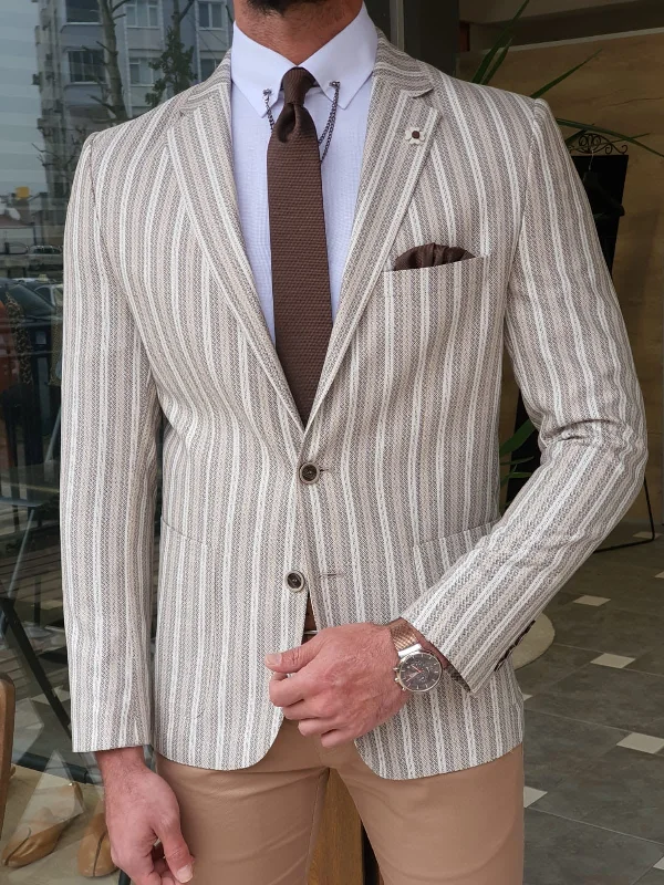 Montreal White Slim Fit Striped Blazer