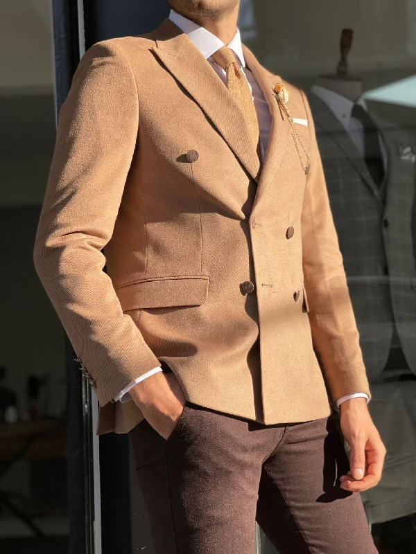 Remy Beige Slim Fit Double Breasted Wool Blazer