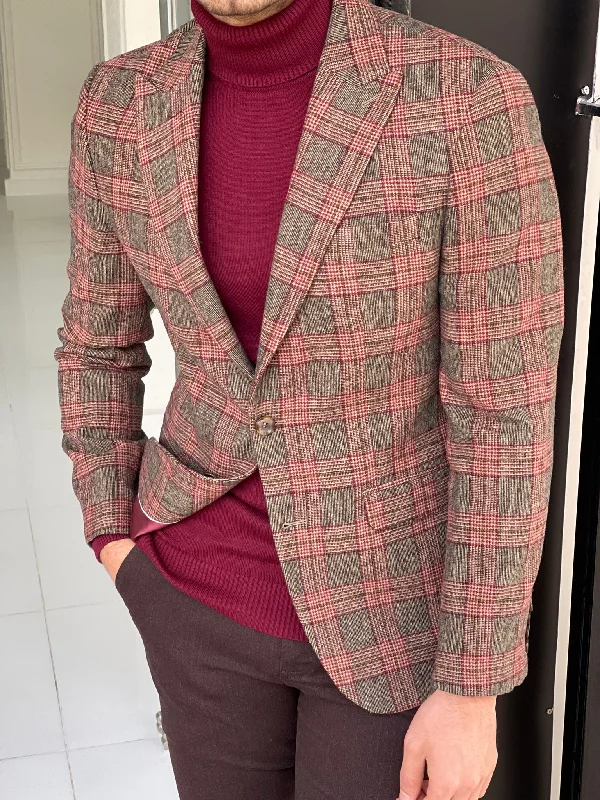 Remy Burgundy Slim Fit Peak Lapel Wool Plaid Blazer