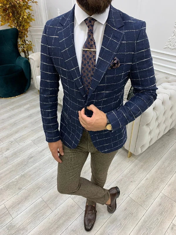 Serra Navy Blue Slim Fit Plaid Blazer